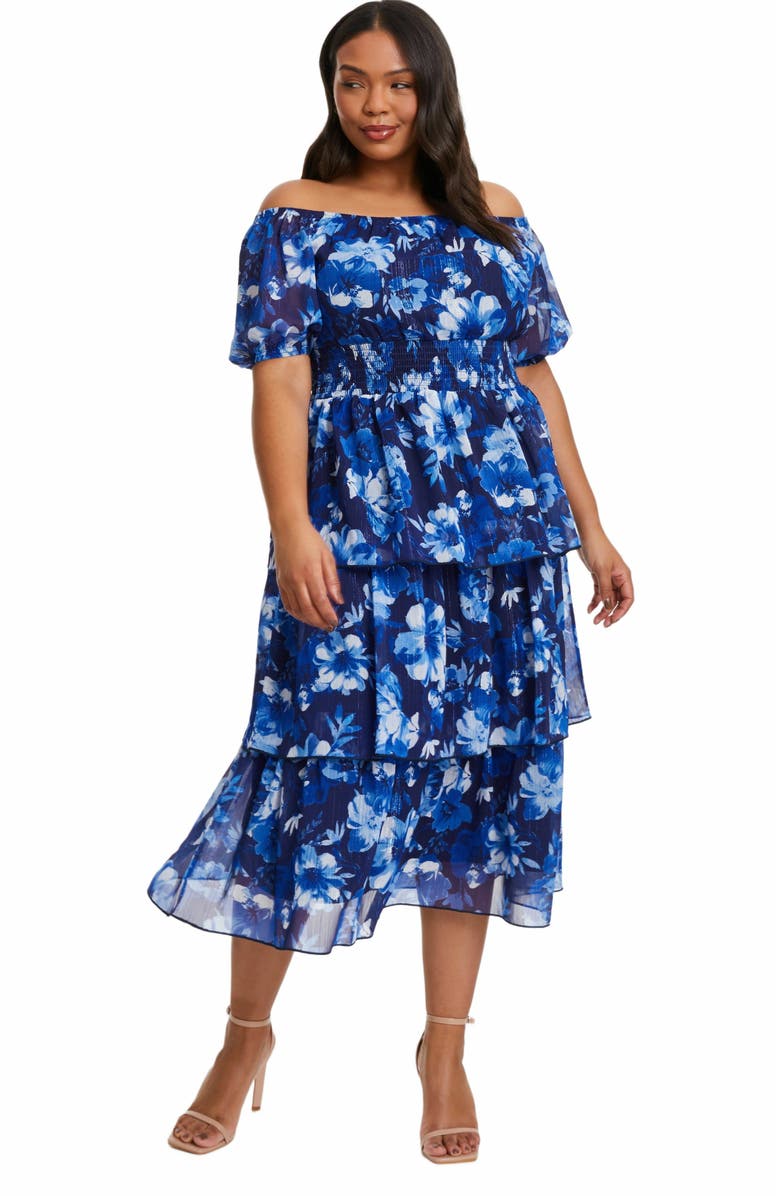 QUIZ Plus Size Chiffon Floral Bardot Tiered Midi Dress, Main, color,