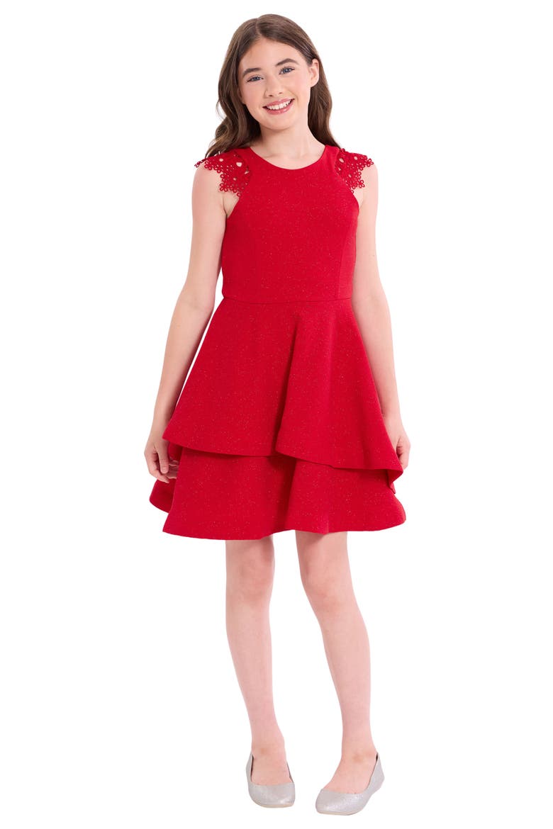 Kids' Metallic Lace Trim Party Dress, Alternate, color, RED