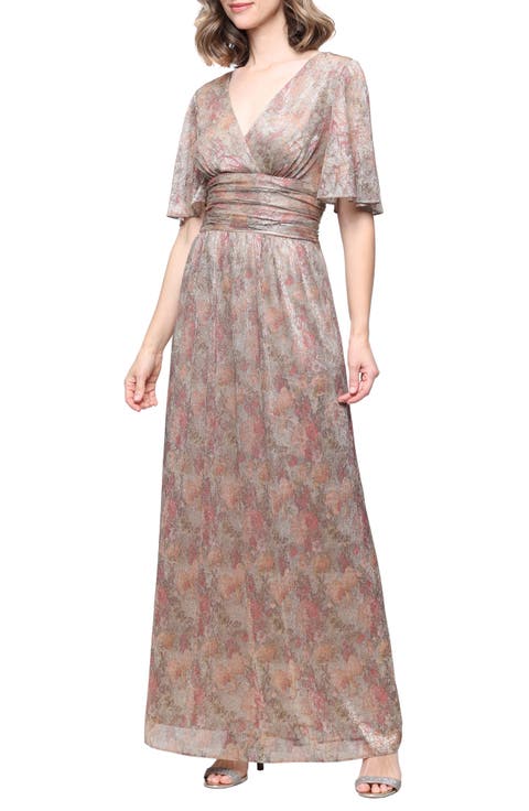 Metallic Floral Print A-Line Dress