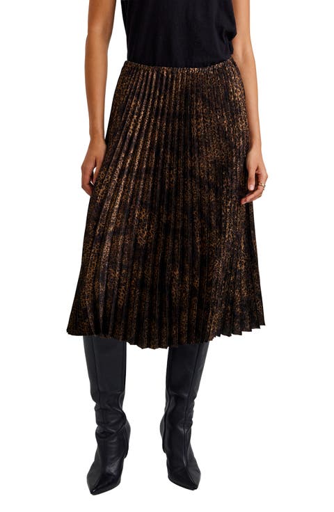 Metallic Leopard Print Pleated Skirt