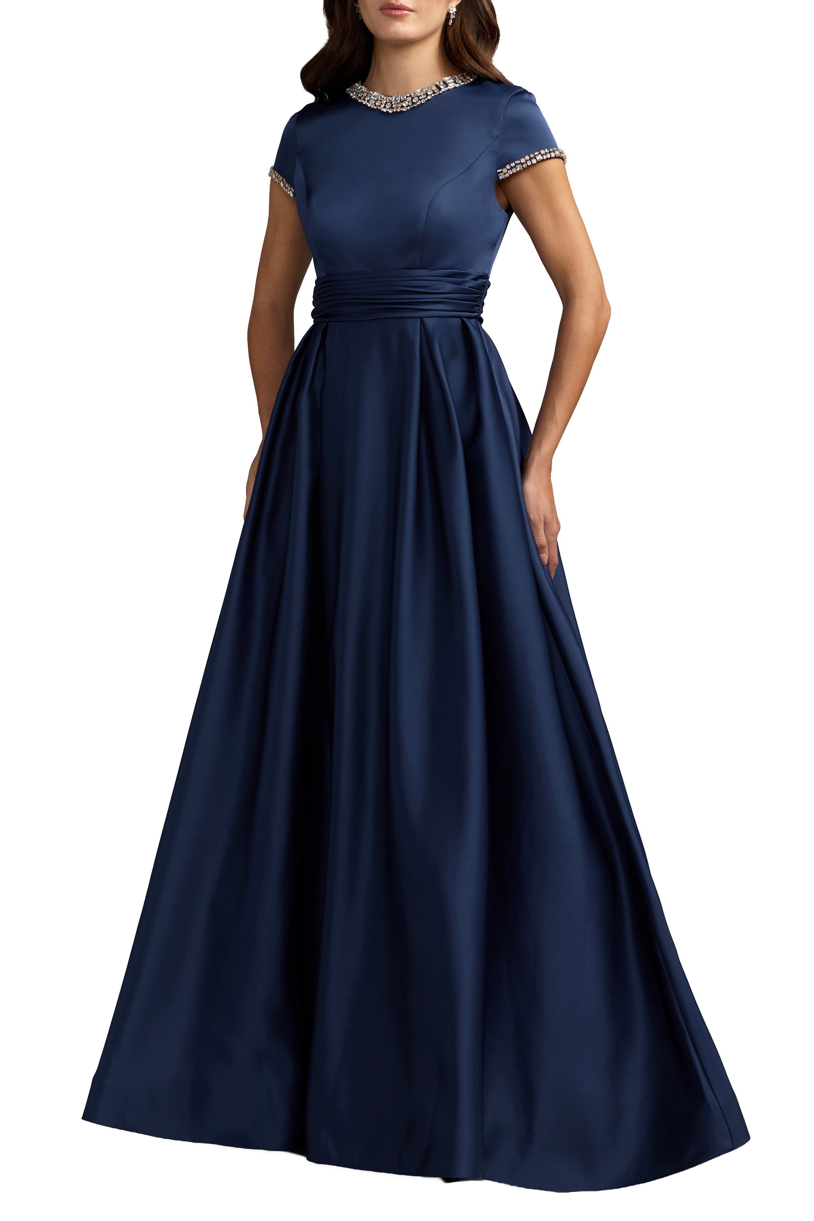 Mac Duggal Embellished Satin Cap Sleeve Ball Gown In Midnight