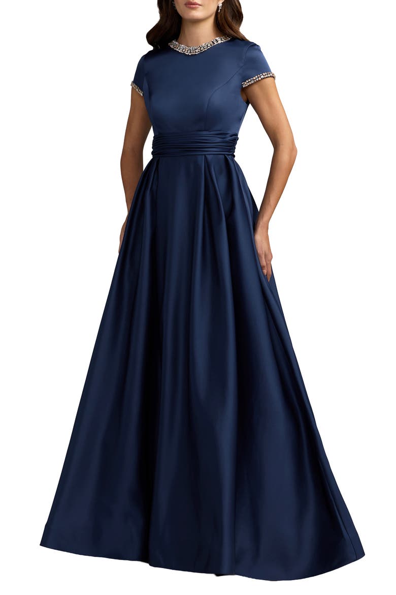 Embellished Satin Cap Sleeve Ball Gown, Main, color, Midnight
