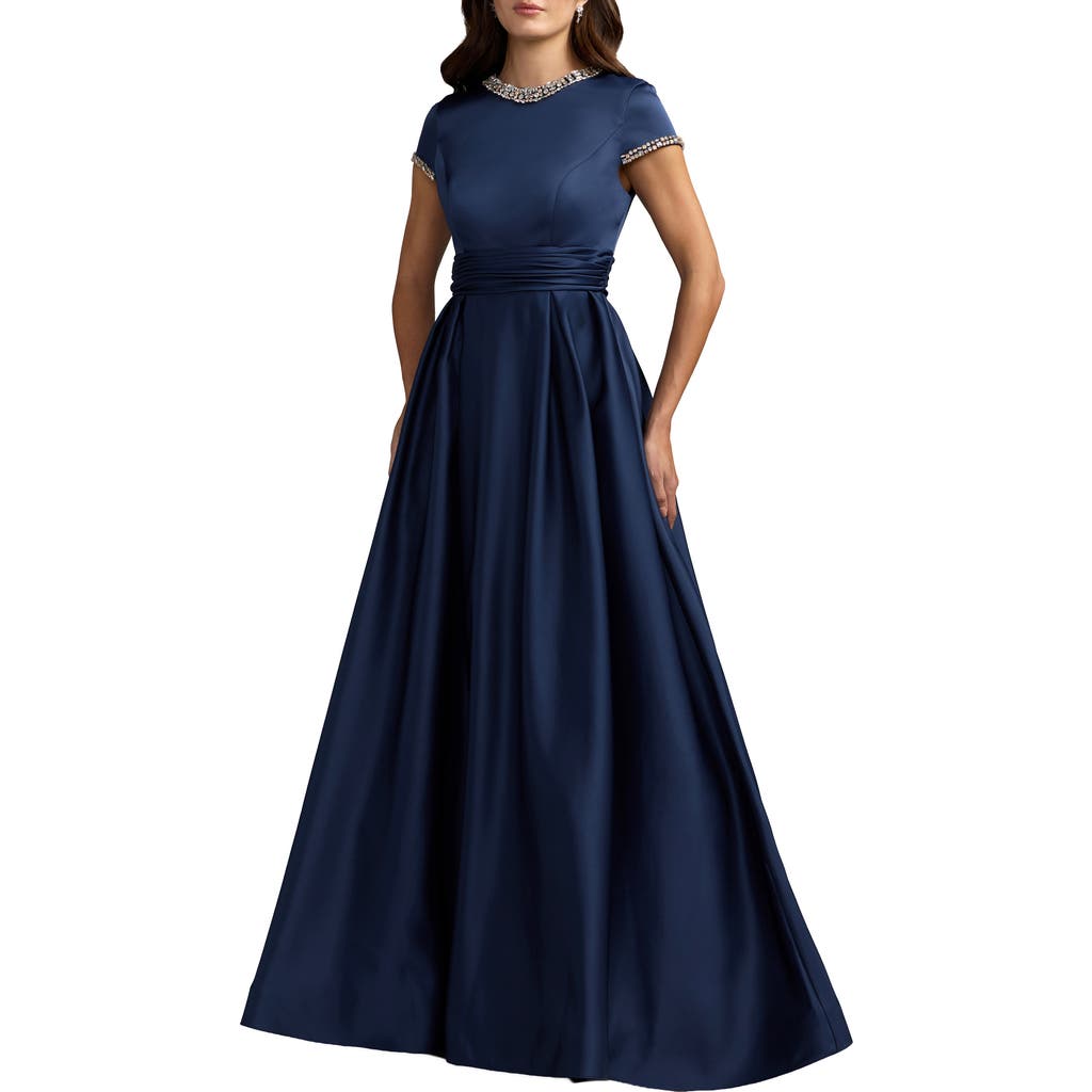 Mac Duggal Embellished Satin Cap Sleeve Ball Gown In Midnight