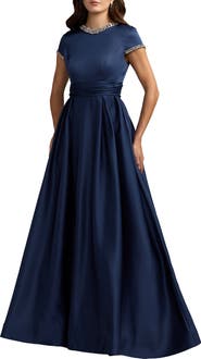 Mac Duggal Embellished Satin Cap Sleeve Ball Gown