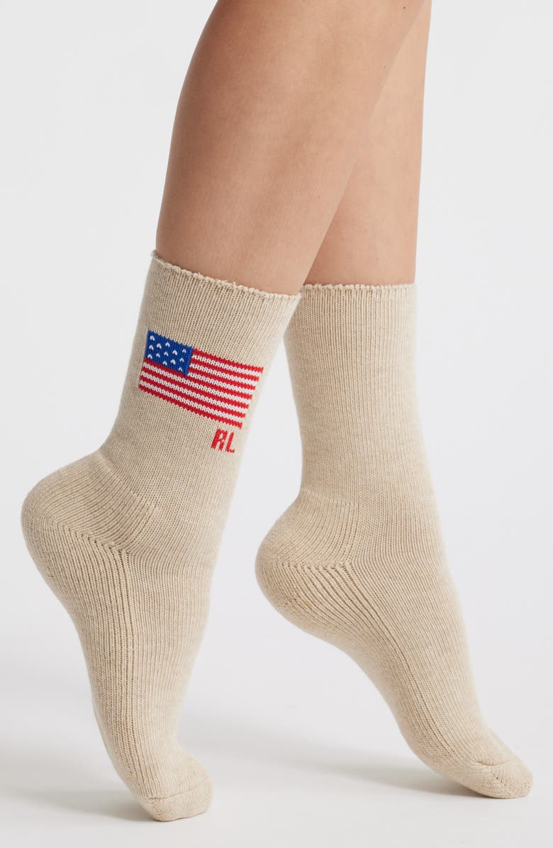 Polo Ralph Lauren Flag Embroidered Roll Top Crew Socks, Main, color, Beige Heather
