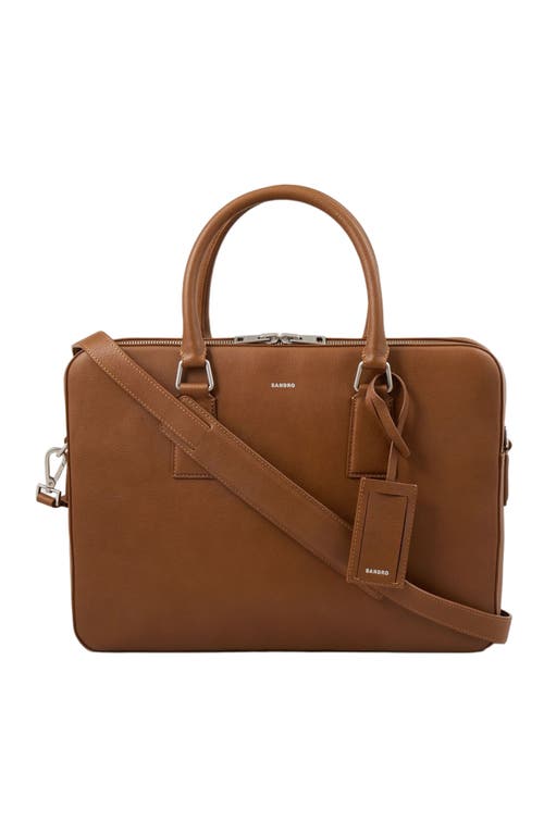 Sandro Large Grained Leather Briefcase In Brown