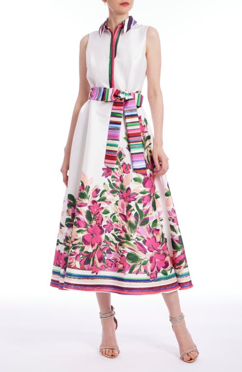 Badgley Mischka Sleeveless Striped & Floral-print Midi Dress In Ivory Multi