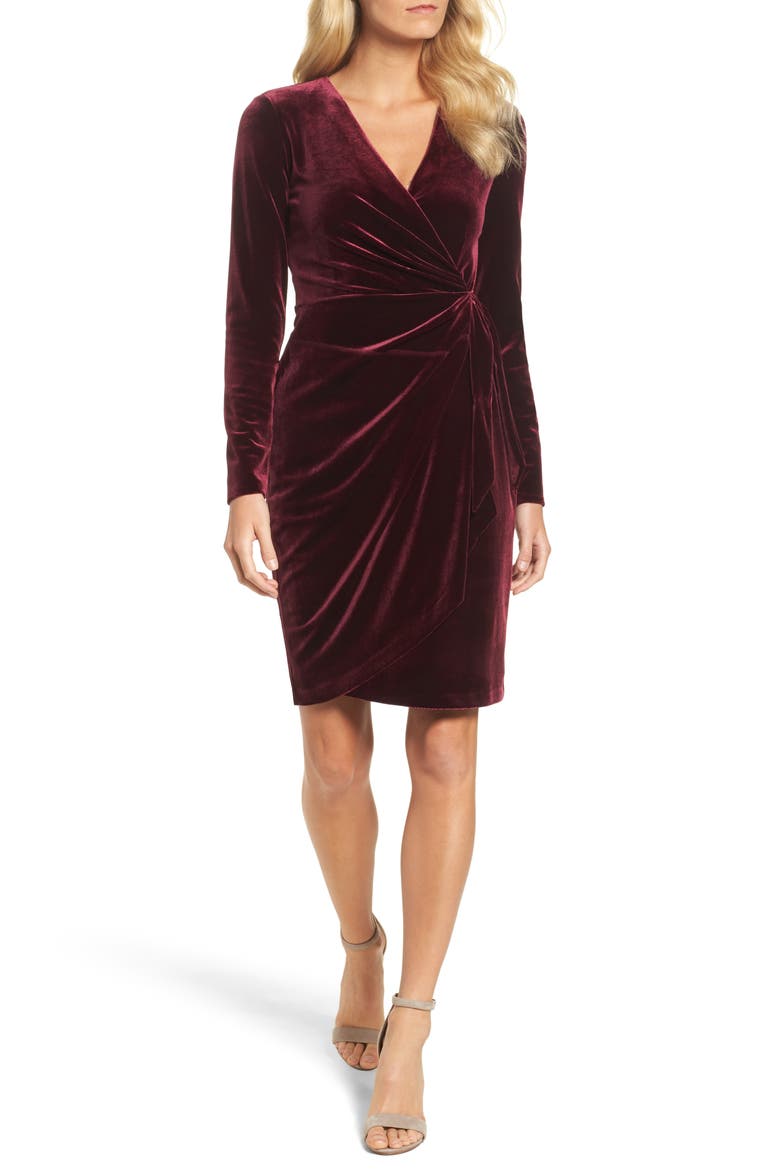 Velvet Faux Wrap Dress, Main, color, WINE