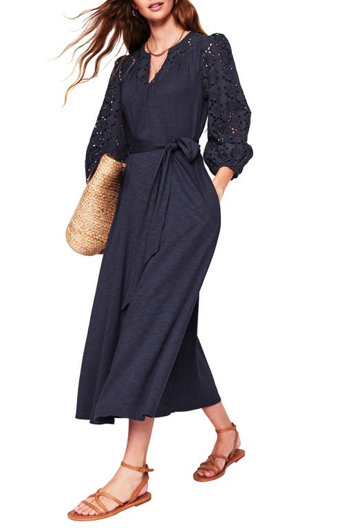 BODEN BODEN EYELET TIE WAIST LONG SLEEVE JERSEY MAXI DRESS