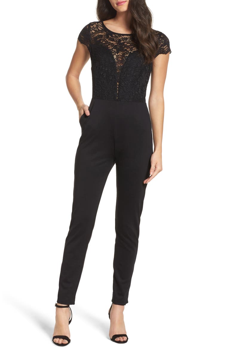 Crepe & Lace Jumpsuit, Main, color, BLACK