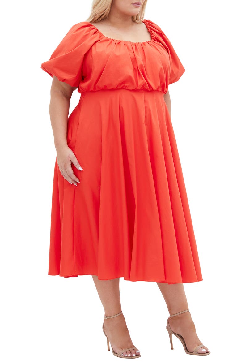 Rosabella Puff Sleeve Midi Dress, Alternate, color, SUNSET CORAL