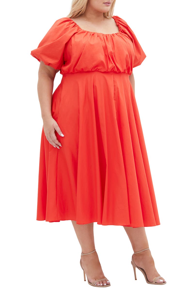City Chic Rosabella Puff Sleeve Midi Dress, Alternate, color, Sunset Coral
