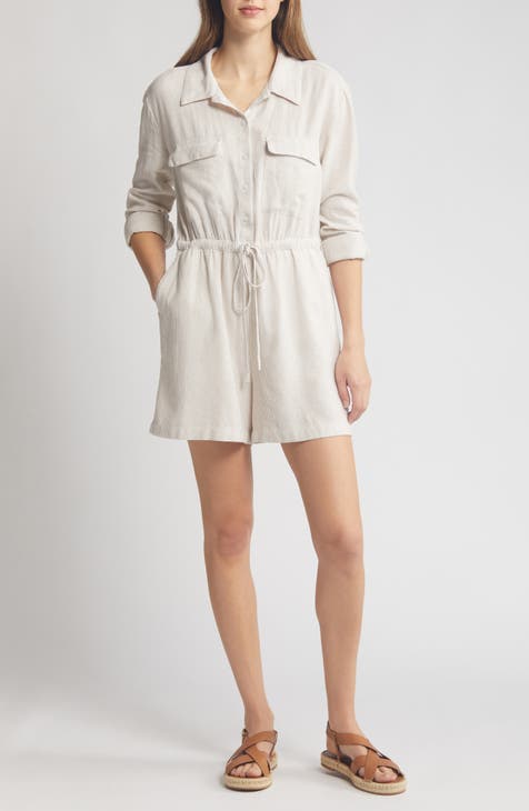 Stripe Long Sleeve Linen Blend Romper