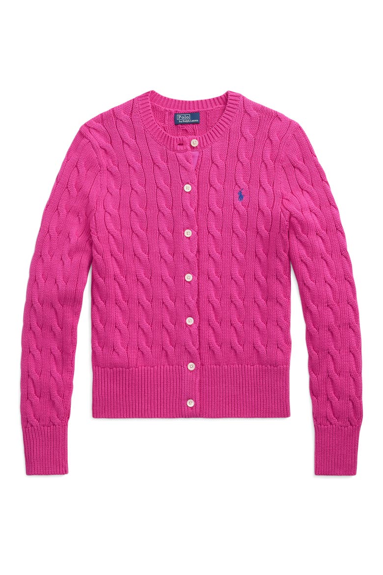 Cable Knit Cotton Crewneck Cardigan, Alternate, color, REGATTA PINK