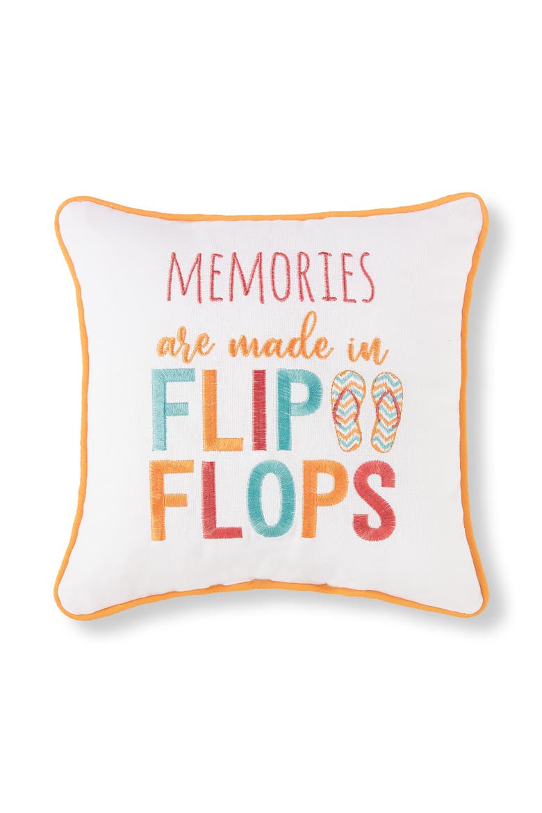 "Memories Are Made In Flip Flops" Cotton Blend Mini Accent Pillow 10" x 10", Main, color, White