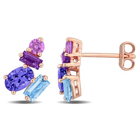 Multi-Gemstone Cluster Stud Earrings Rose Silver