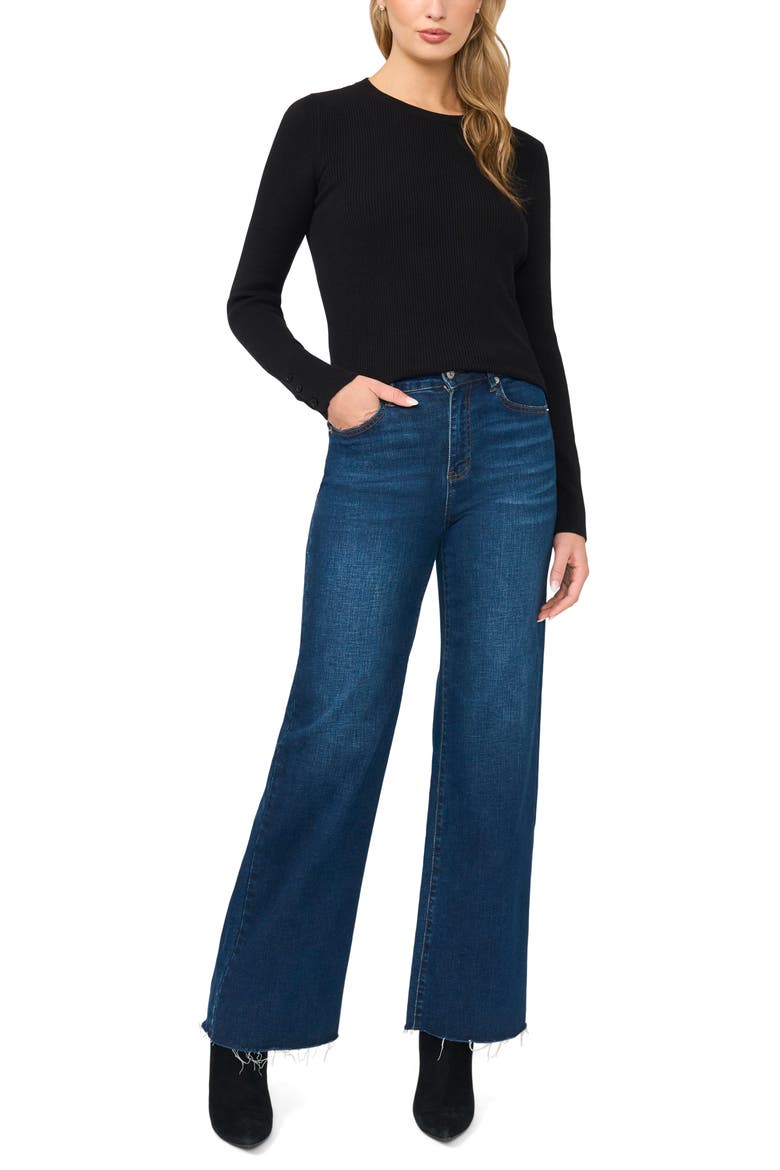 Button Cuff Rib Crewneck Sweater, Alternate, color, RICH BLACK