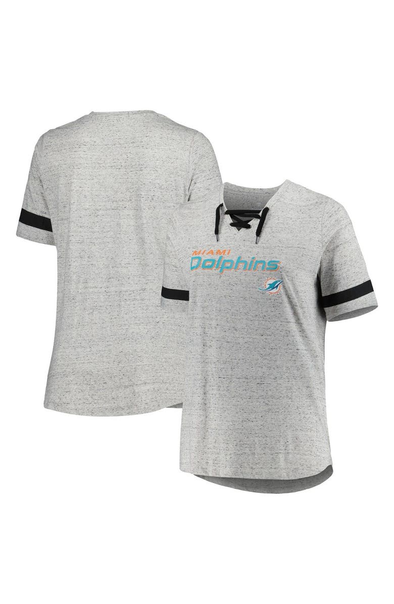 PROFILE Women's Heather Gray Miami Dolphins Plus Size Lace-Up V-Neck T-Shirt, Main, color, 