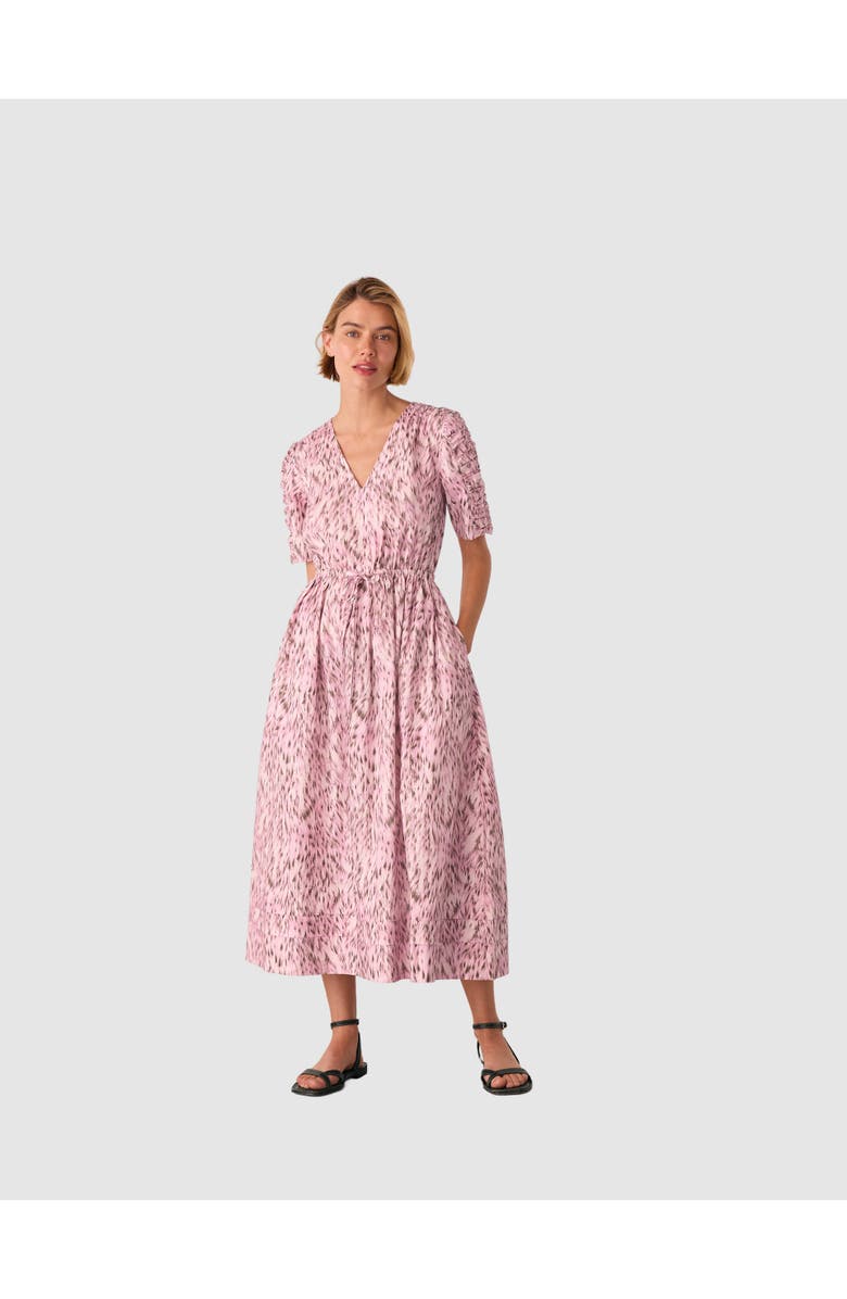 Whistles Short Sleeve V-Neck Printed Midi Dress, Main, color, Pink/Multi