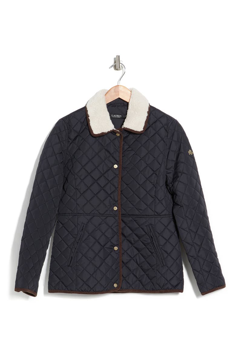 Quilted Faux Shearling Collar Jacket, Alternate, color, DK NAVY