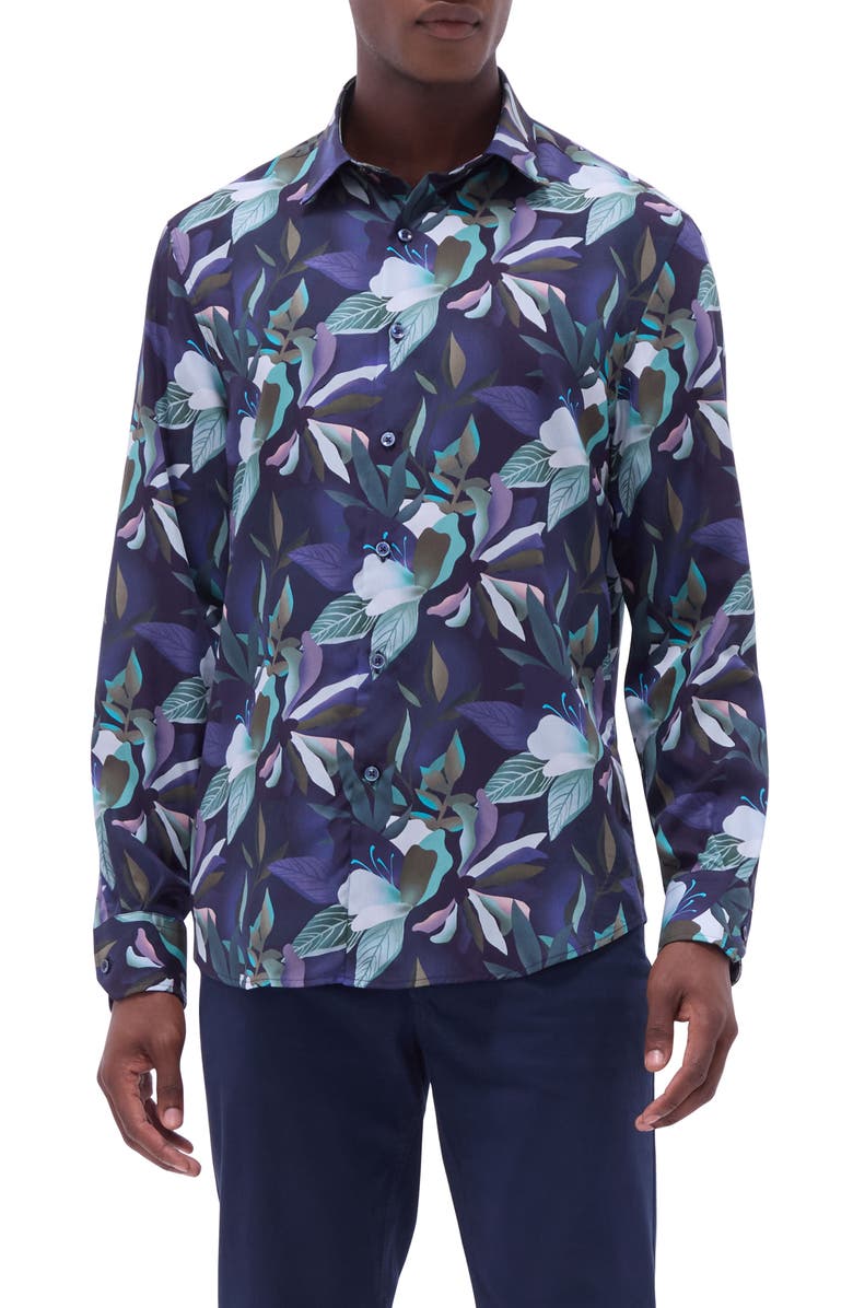 Bugatchi Julian Shaped Fit Button-Up Shirt, Main, color, Navy