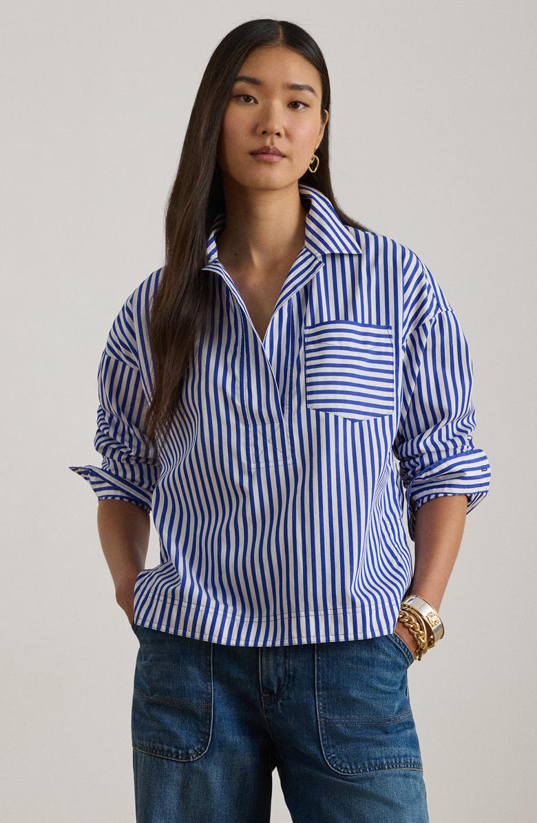 Lauren Ralph Lauren Satchee Stripe Cotton Popover Blouse, Alternate, color, Blue/ White Multi