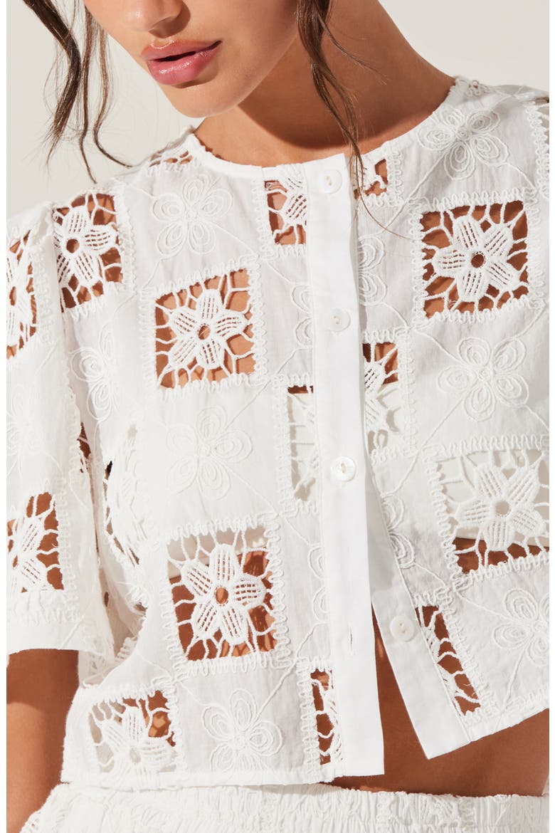 Andolina Floral Lace Button-Up Crop Top, Alternate, color, WHITE