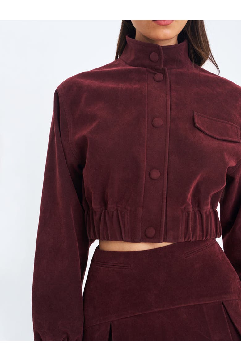 Farryn Vegan Suede Cropped Bomber Jacket, Alternate, color, Mahogany