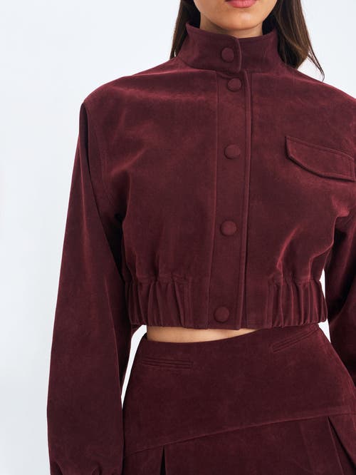Miss Circle Farryn Vegan Suede Cropped Bomber Jacket In Burgundy
