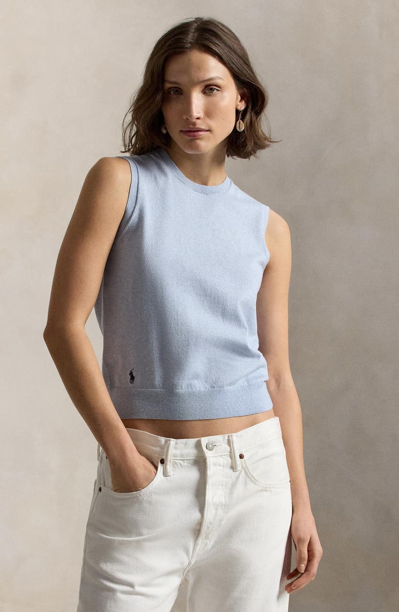 Polo Ralph Lauren Sleeveless Cotton Blend Sweater, Alternate, color, Stone Blue Heather