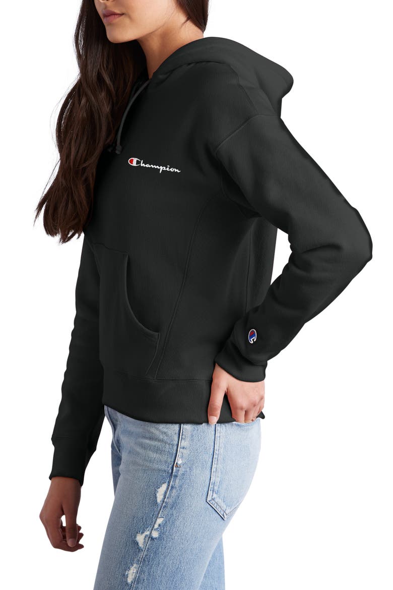 Reverse Weave® Logo Drawstring Hoodie, Alternate, color, BLACK