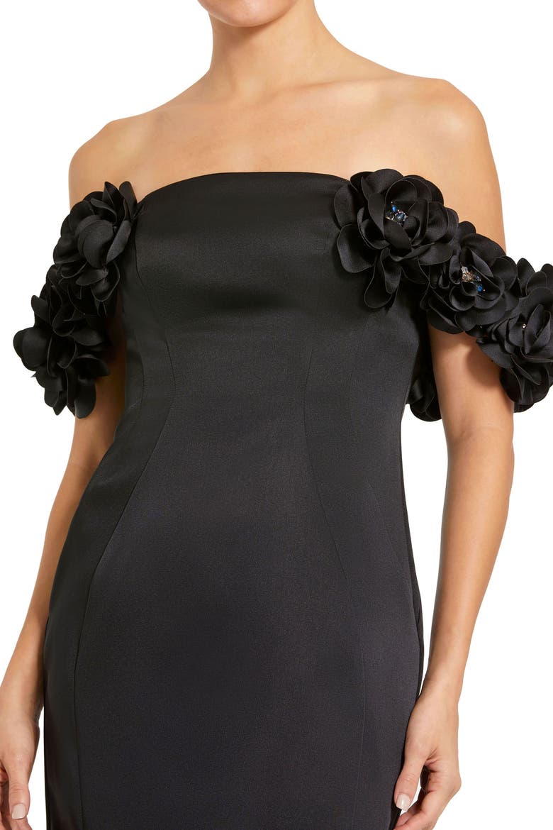 Satin 3D Flower Off The Shoulder Mermaid Gown, Alternate, color, Black
