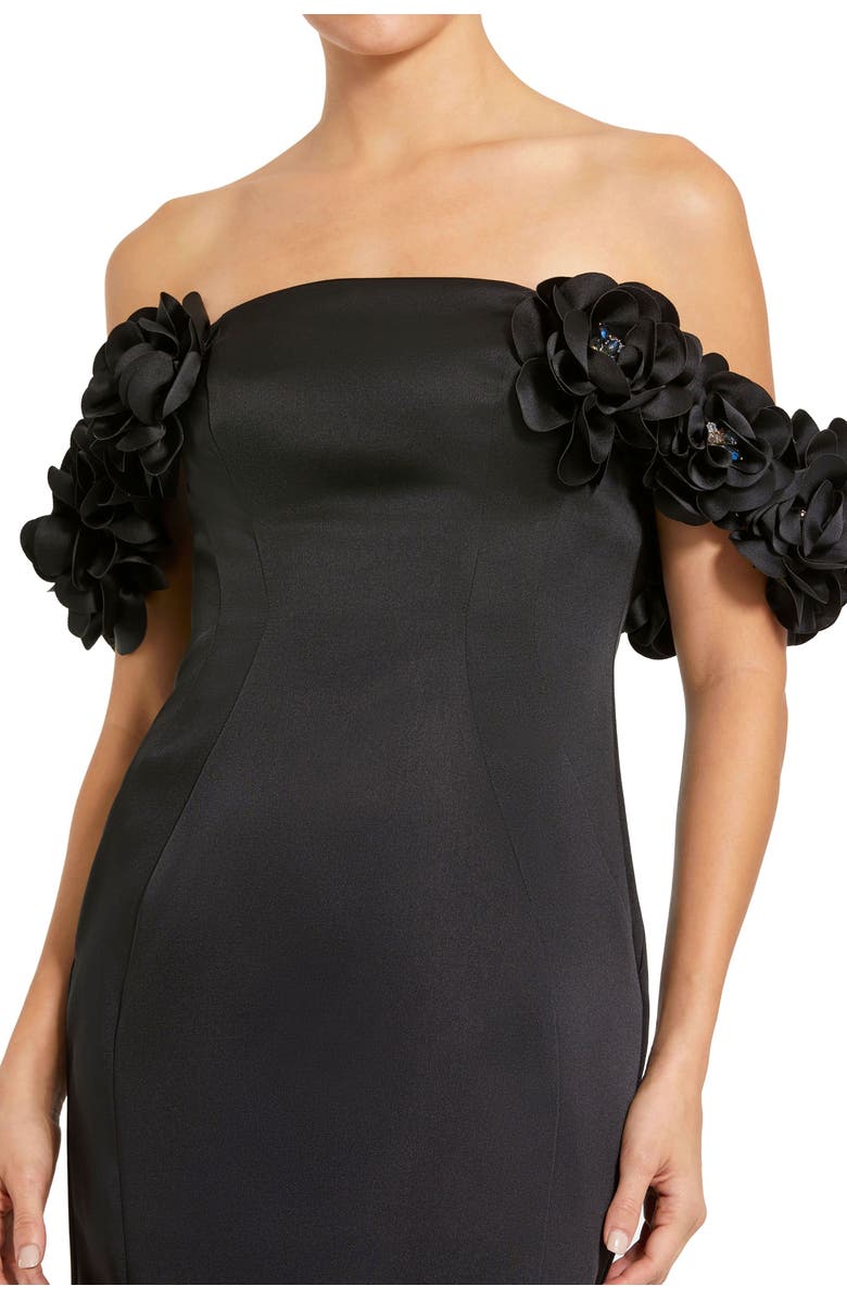 Mac Duggal Satin 3D Flower Off The Shoulder Mermaid Gown, Alternate, color, Black