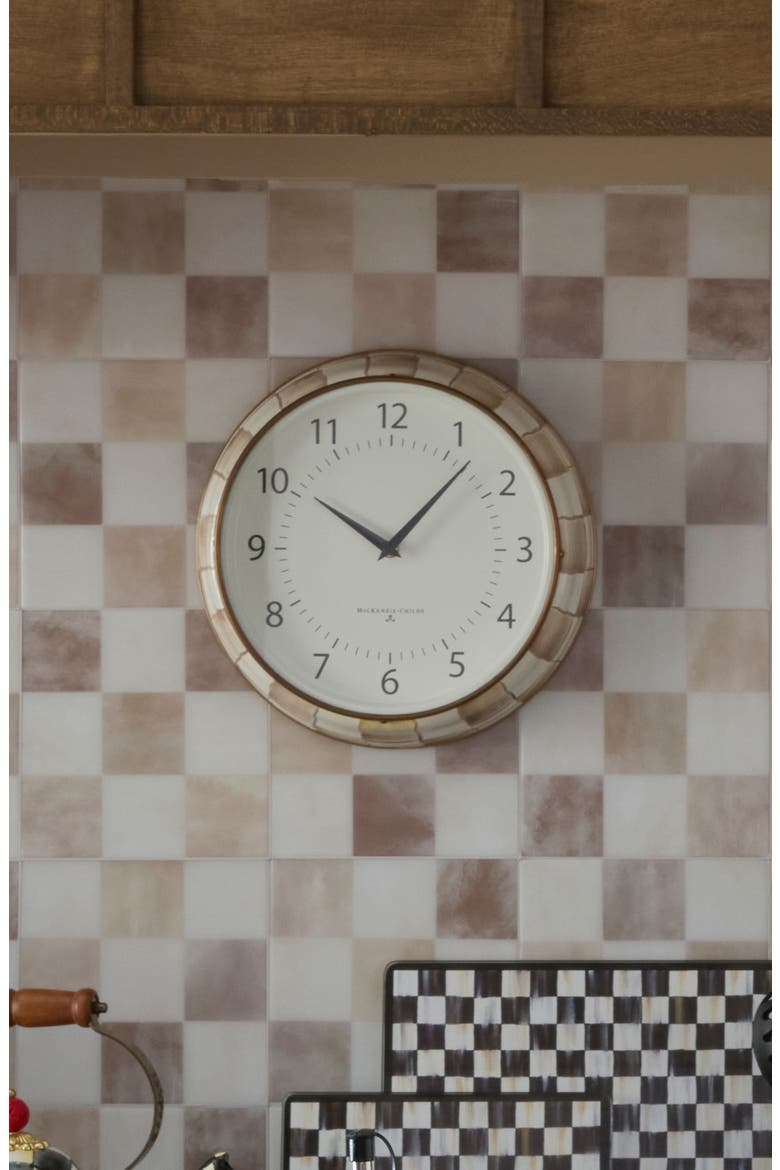 Mocha Check Enameled Steel School Wall Clock, Alternate, color, MOCHA