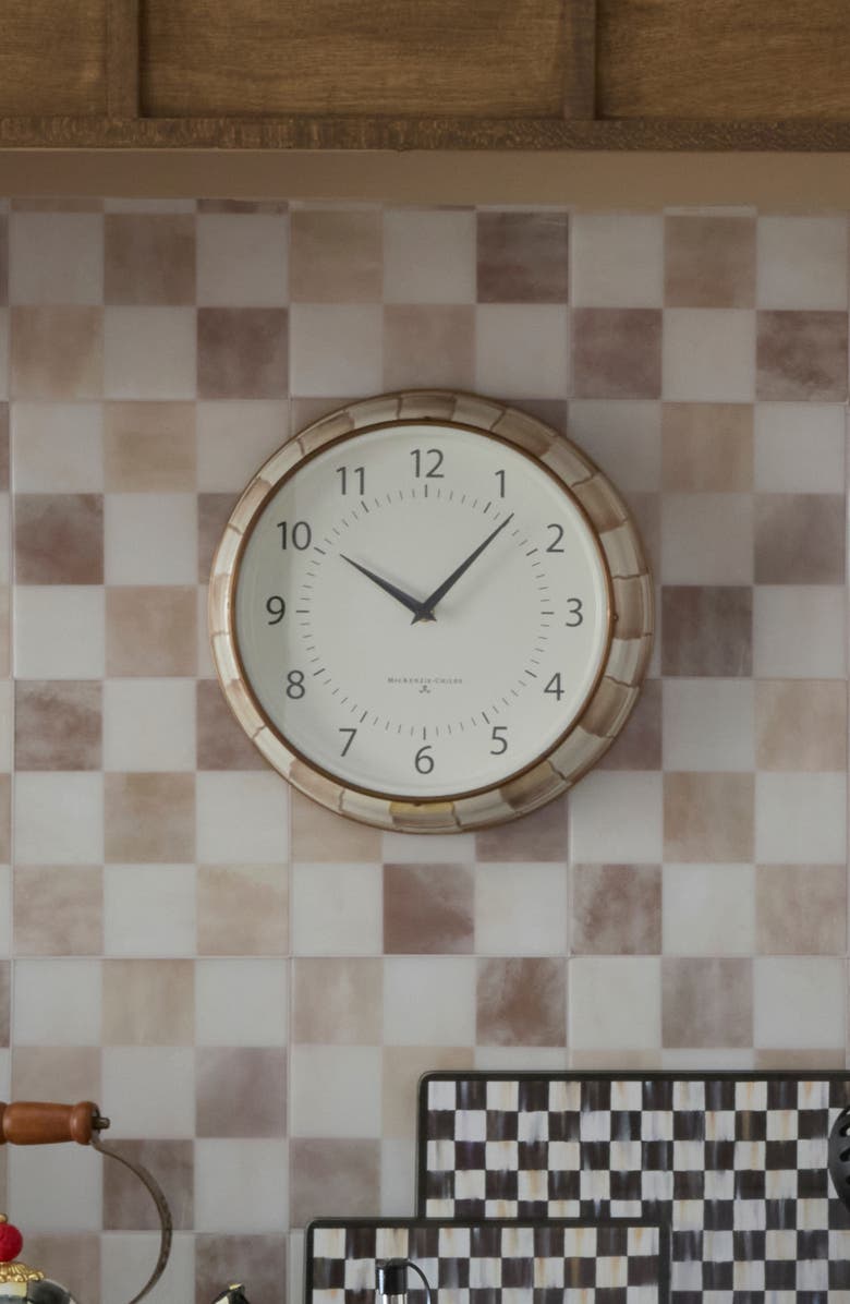MACKENZIE CHILDS Mocha Check Enameled Steel School Wall Clock, Alternate, color, Mocha