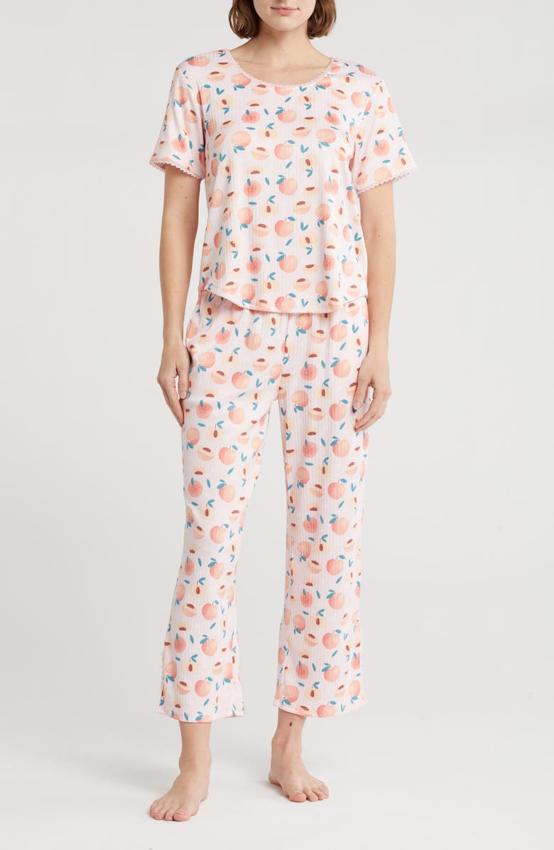 PJ COUTURE Lace Trim Ribbed T-Shirt & Capri Pajamas, Main, color, 