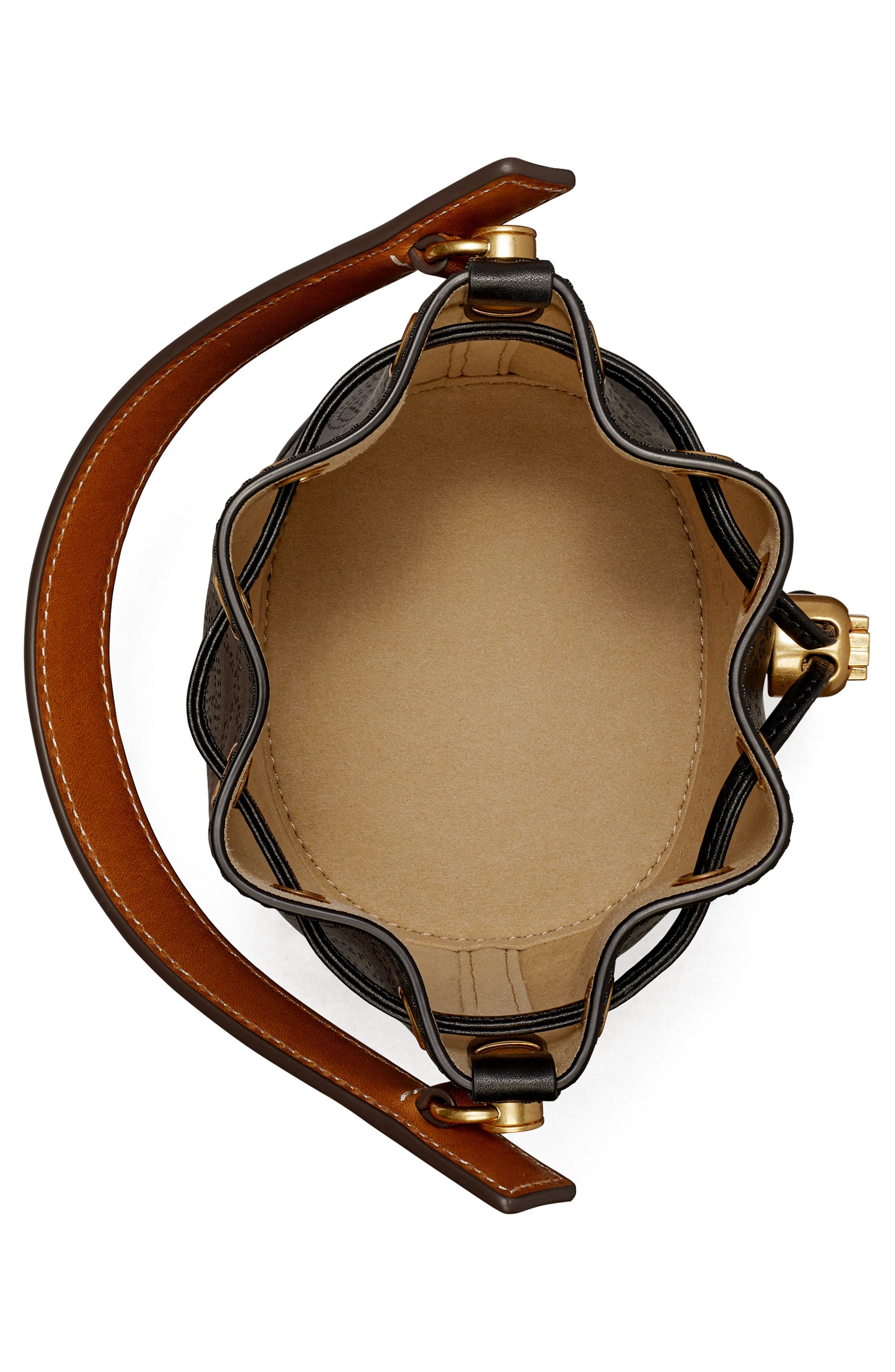 Tory Burch Mini T Monogram Perforated Leather Bucket Bag, Alternate, color, 