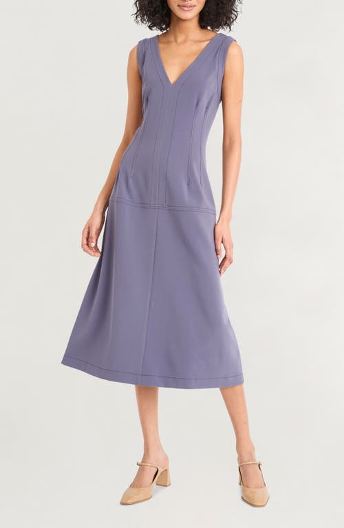 Luxely Seamed Drop Waist Midi Dress In Blue