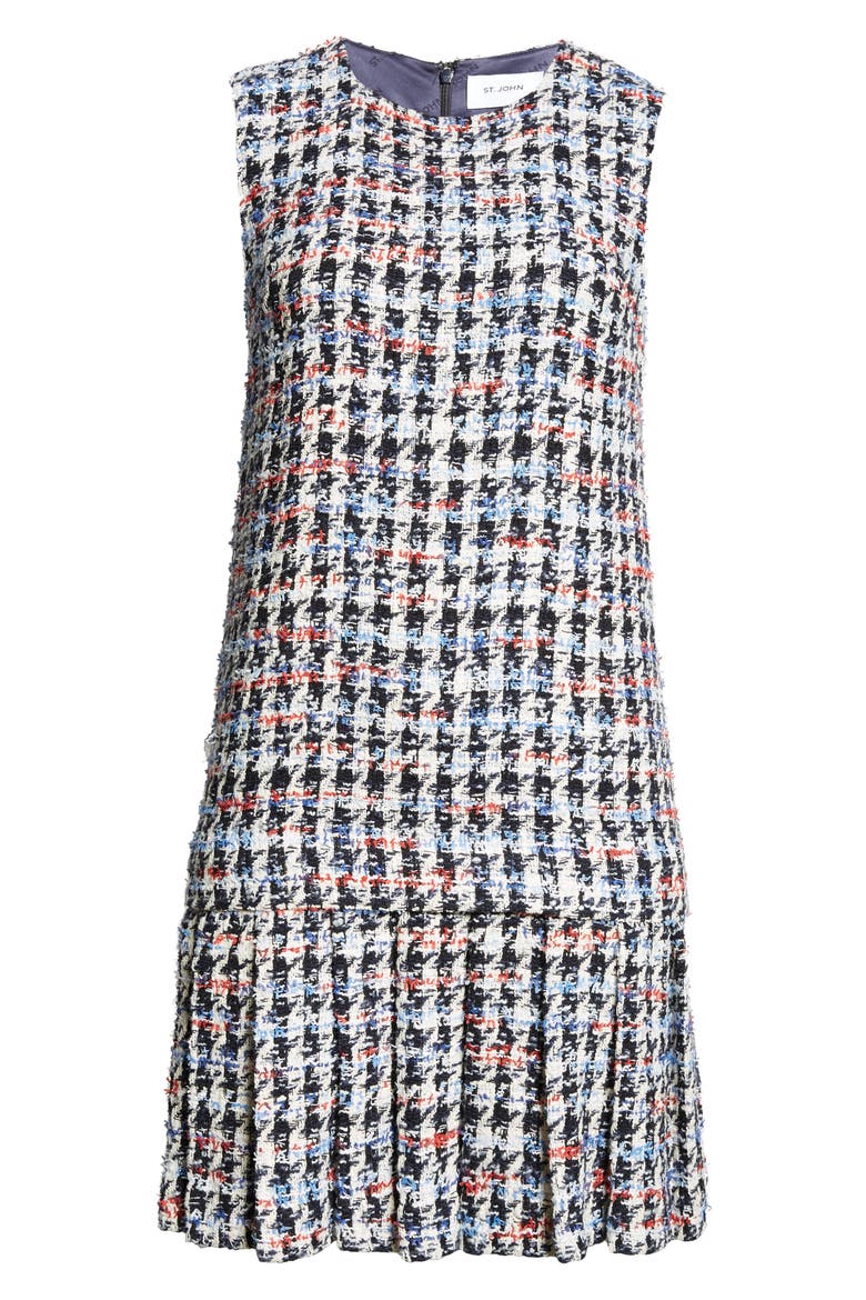 Americana Houndstooth Pleated Tweed Shift Dress, Alternate, color, AMERICANA MULTI