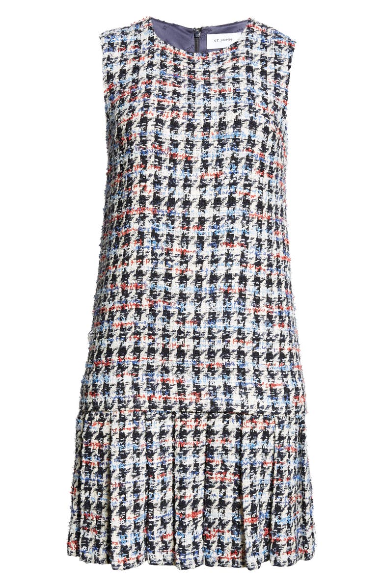 ST. JOHN Americana Houndstooth Pleated Tweed Shift Dress, Alternate, color, Americana Multi