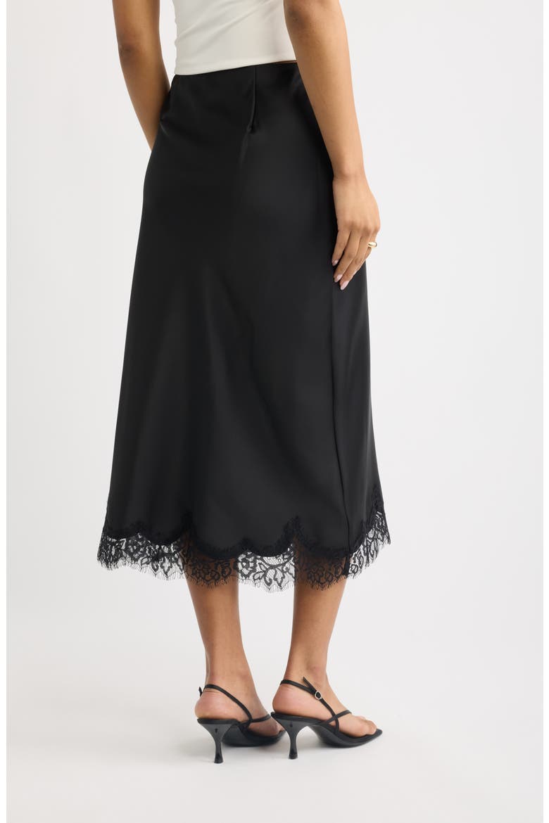 Lace Trim Satin Midi Skirt, Alternate, color, BLACK
