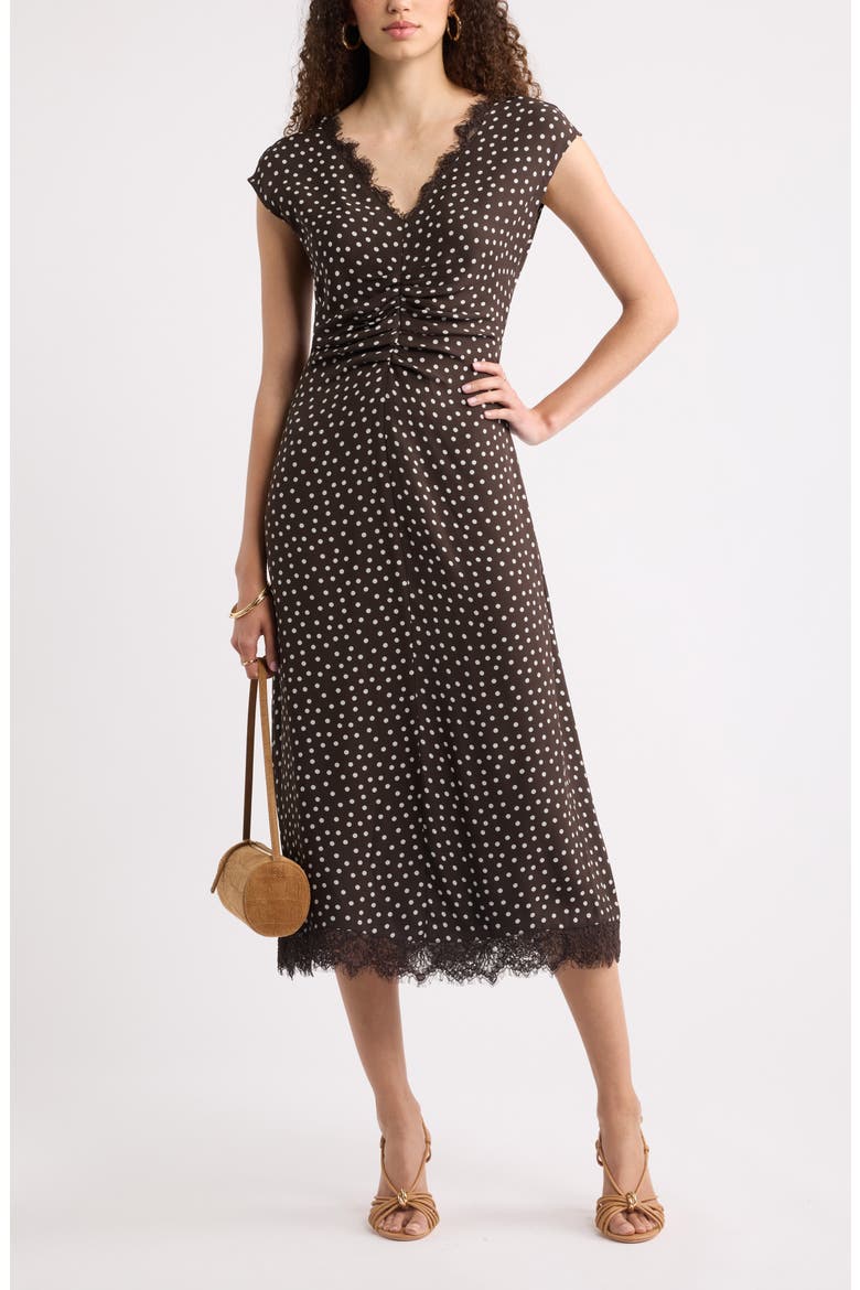 Lace Trim Midi Dress, Alternate, color, BROWN- IVORY QUYNH DOT