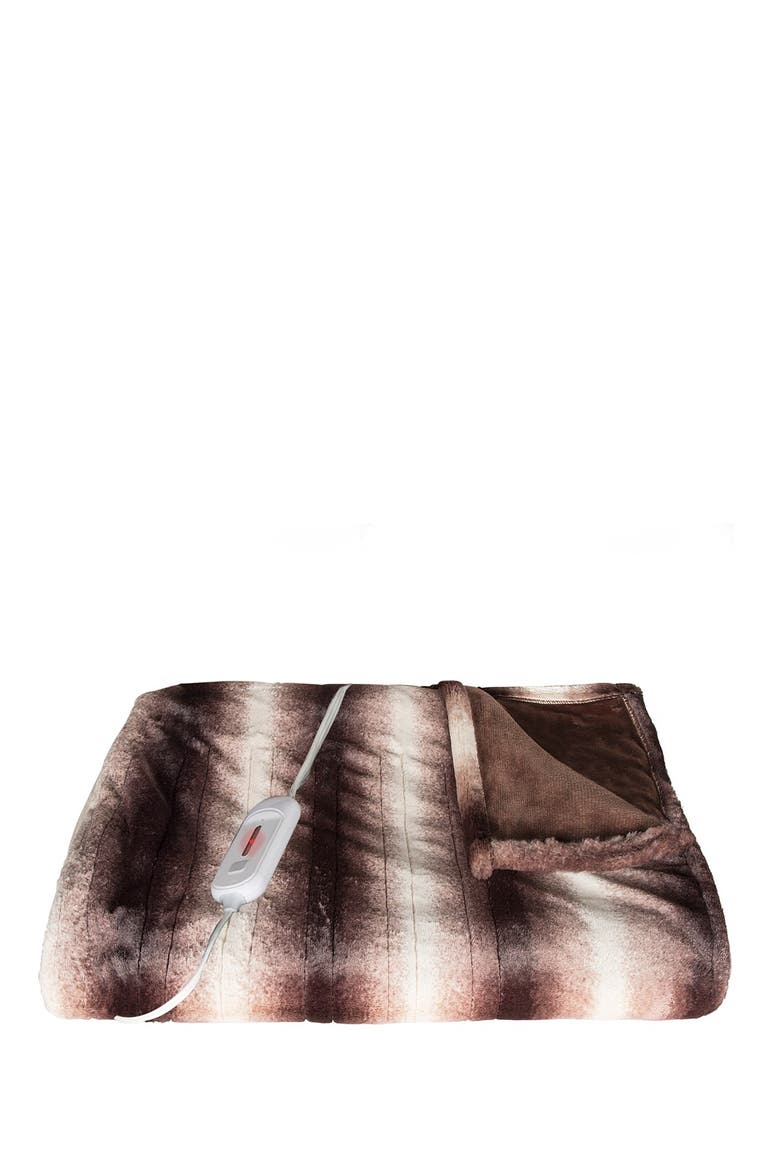 Brown/White Faux Fur Heated Throw Blanket - 50" x 60", Main, color, BROWN/WHITE