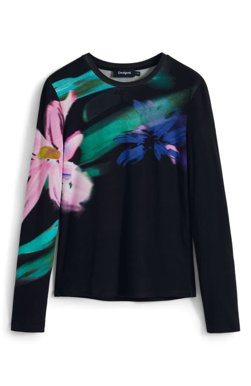 Desigual Abstract Floral Print Long Sleeve T-shirt In Black