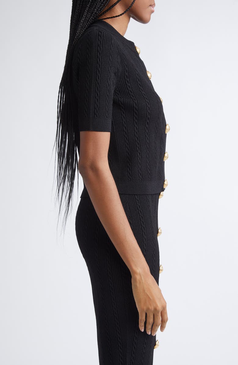 Balmain Cable Stitch Short Sleeve Cardigan, Alternate, color, 0Pa Black