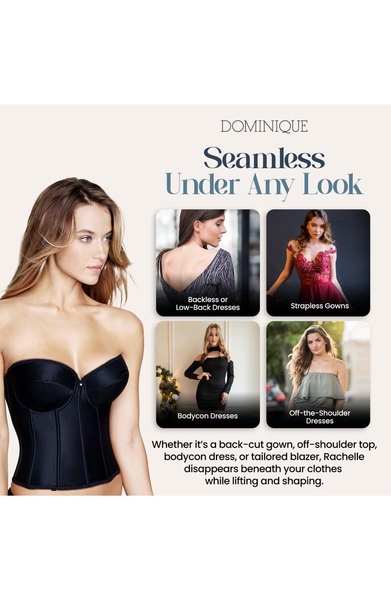 Dominique Intimates Rachelle Strapless Low Back Satin Longline Bridal Bra, Alternate, color, Black