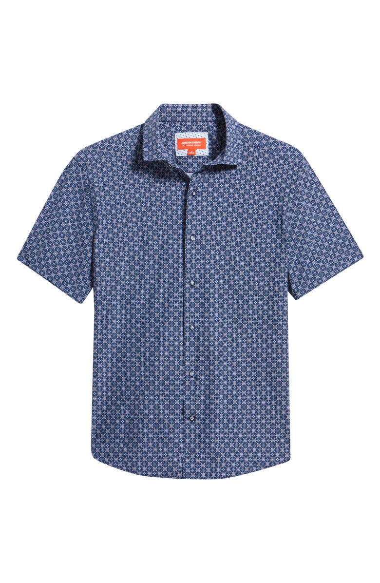 Johnston & Murphy XC+<sup>™</sup> Motion Geo Print Short-Sleeve Performance Knit Button-Up Shirt, Main, color, Navy Petal