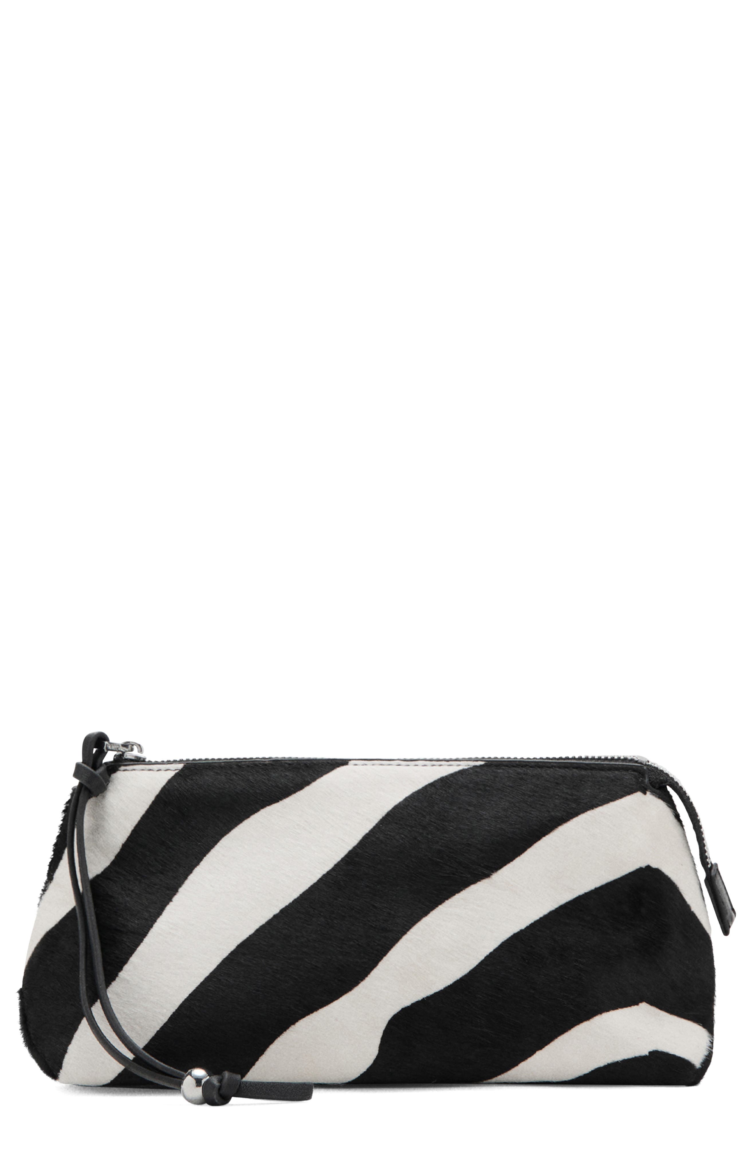 Zebra Genuine Calf Hair Cosmetics Bag, Main, color, BLACK