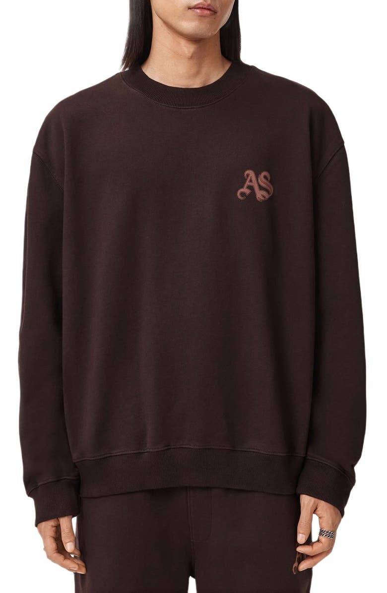 AllSaints Icon Oversize Cotton Crewneck Sweatshirt, Main, color, Plum Brown