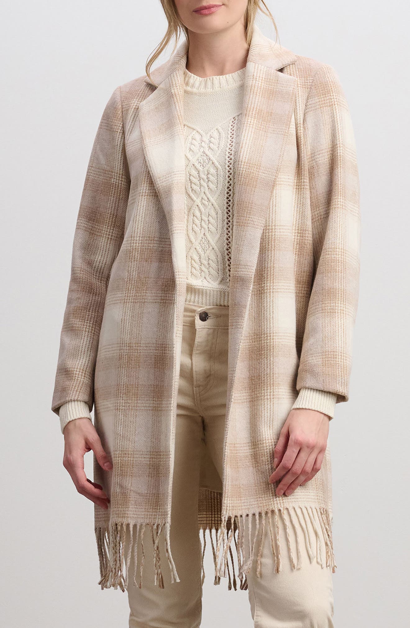 Hatley Plaid Fringe Coat in Taupe 